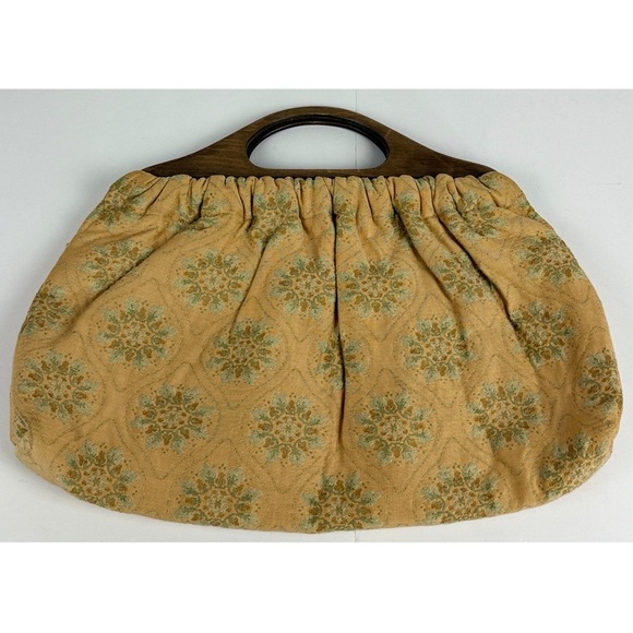 Vintage Wood Handle Fabric Tapestry Purse Handbag Retro Cottagecore Prairie - Picture 4 of 7